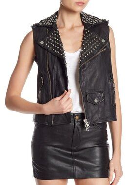 $400 MUUBAA Studded MOTO BIKER Voisin Gilet LAMB Leather Vest BLACK 4 US 8 UK